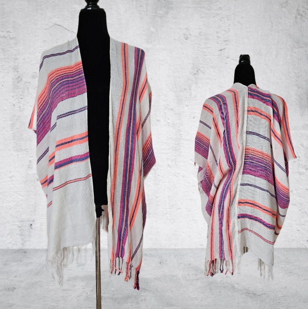 MERONA STRIPED FRINGE TRIM KIMONO- ONE SIZE